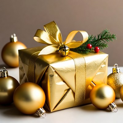 Gold Christmas gift with ornaments