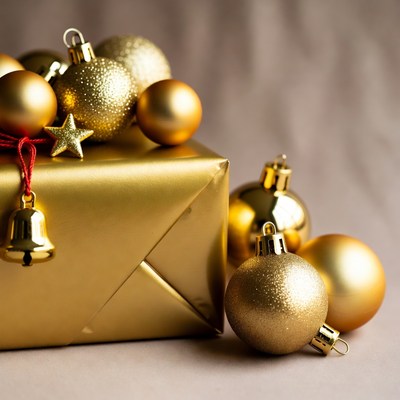 Gold Christmas ornaments on gift box