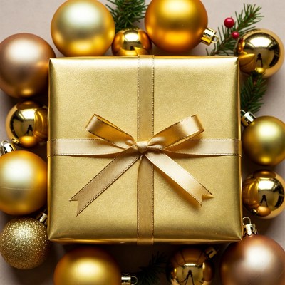 Gold gift box with Christmas ornaments