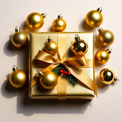 Gold Christmas Ornaments Around Gift Box