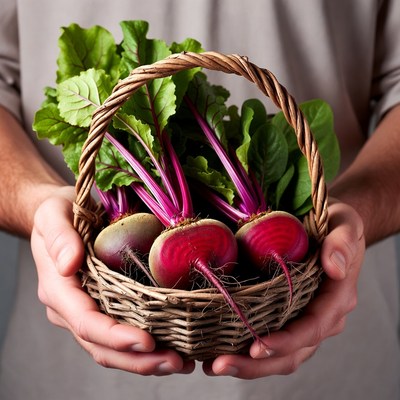 Man holding basket of beets