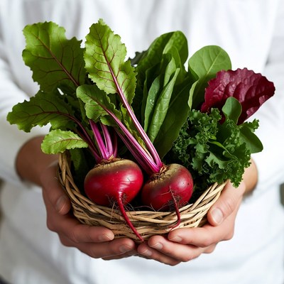 Hands holding beets and greens in basket