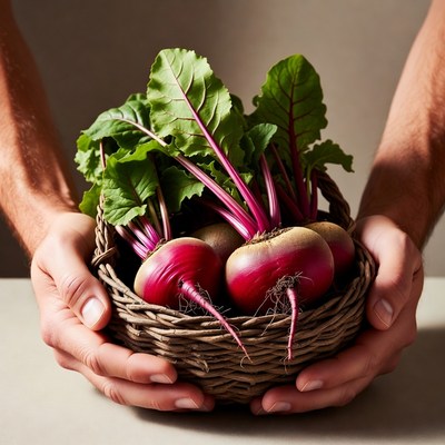 Man holding fresh beets in basket
