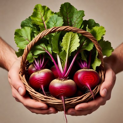 Hands holding beets in basket