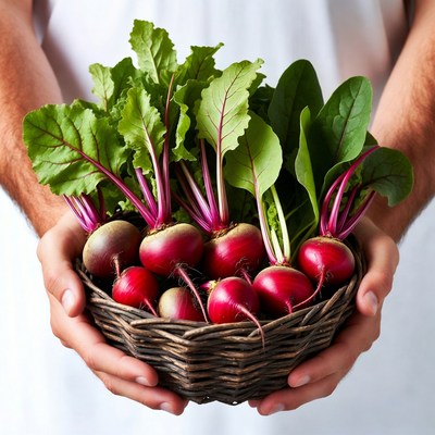Man holding basket of beets
