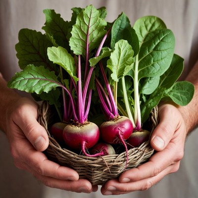 Man holding fresh beets in basket