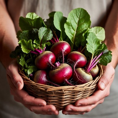 Man holding basket of beets