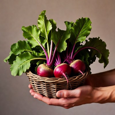 Man holding basket of beets