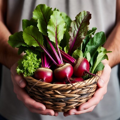 Man holding basket of beets