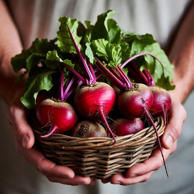 Man holding basket of beets