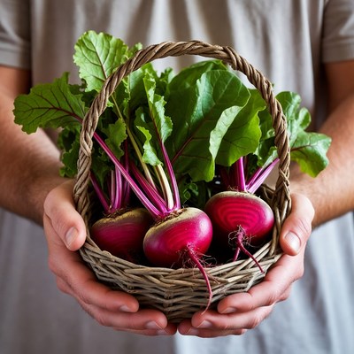 Man holding basket of beets