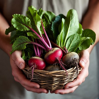 Man holding fresh beets in basket