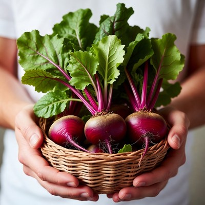 Man holding basket of beets