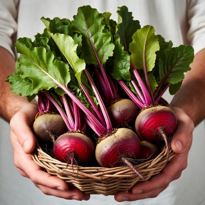 Man holding fresh beets in basket