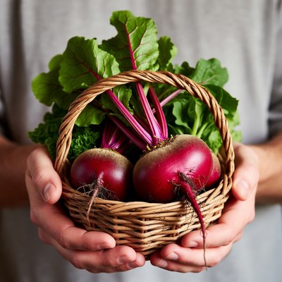 Man holding basket of beets