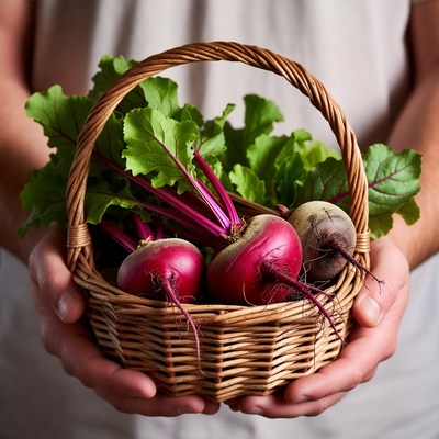 Man holding basket of beets