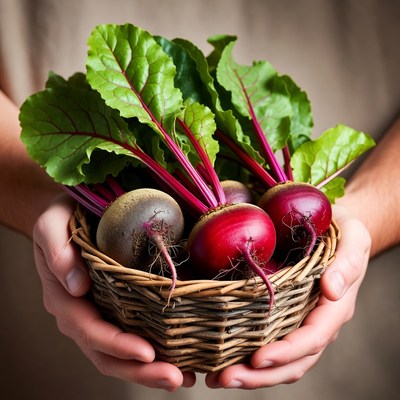 Hands holding fresh beets in basket