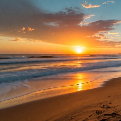 Sunset over ocean waves and beach