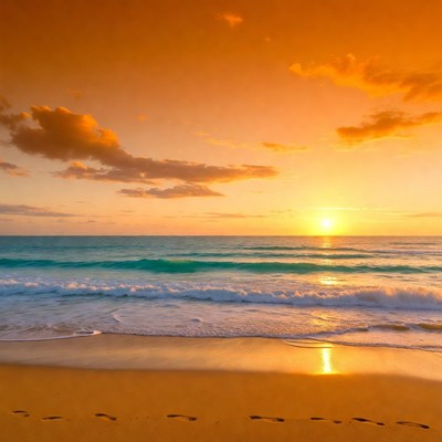 Sunset over beach with footprints