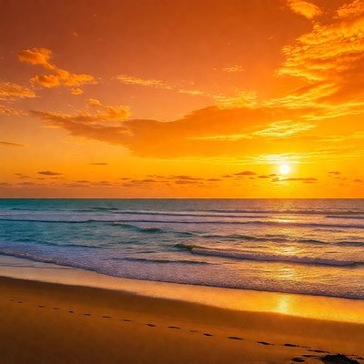 Sunset over beach with footprints