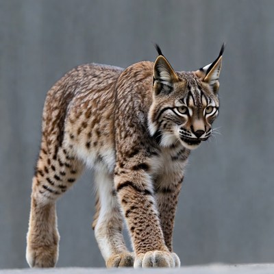 Lynx walking on gray background