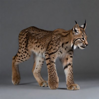 Lynx walking on gray background