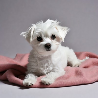 White Maltese puppy on pink blanket