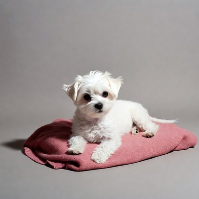 White Maltese puppy on pink blanket