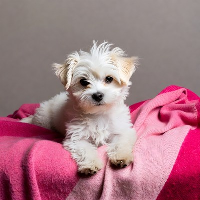White fluffy puppy on pink blanket