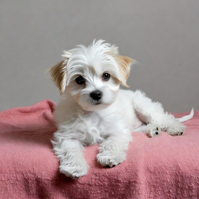 White fluffy puppy on pink blanket