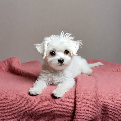 White Maltese puppy on pink blanket