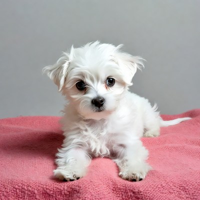White Maltese Puppy on Pink Blanket