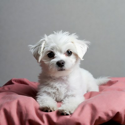 White fluffy puppy on red blanket