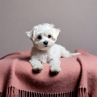 White Maltese puppy on pink blanket