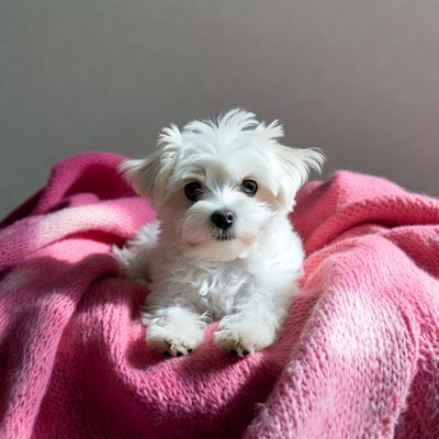White Maltese puppy on pink blanket
