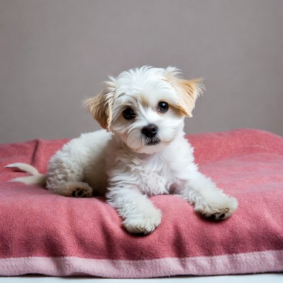 White fluffy puppy on red blanket