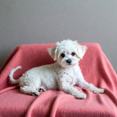 White Maltese dog on pink blanket
