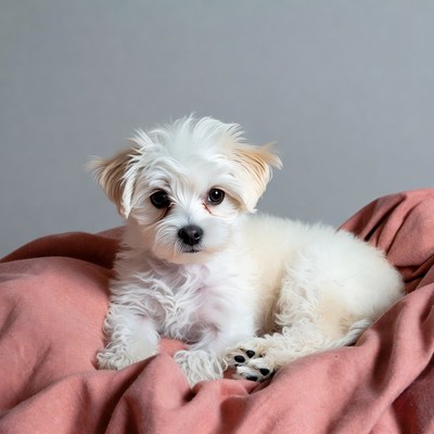 White fluffy puppy on pink blanket
