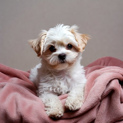 Fluffy white dog on pink blanket