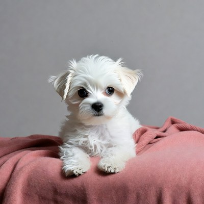 White fluffy puppy on pink blanket