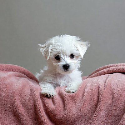 White Maltese puppy on pink blanket