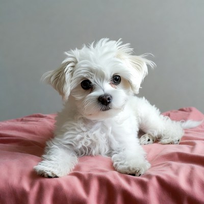 White fluffy puppy on pink blanket