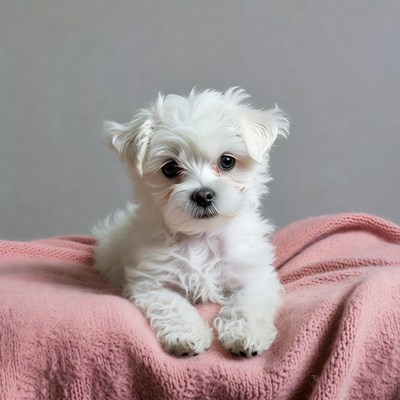 White Maltese Puppy on Pink Blanket