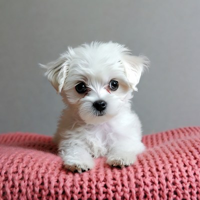 Fluffy white Maltese puppy on pink blanket
