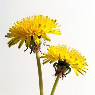 Two yellow dandelions on white background