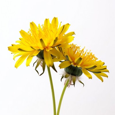 Two yellow dandelions on white background