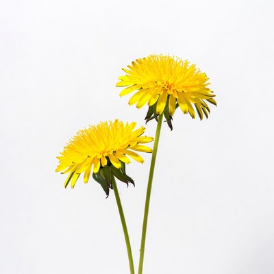 Two yellow dandelions on white