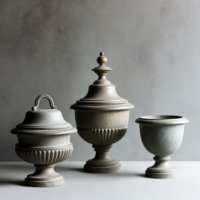 Three Gray Ceramic Urns