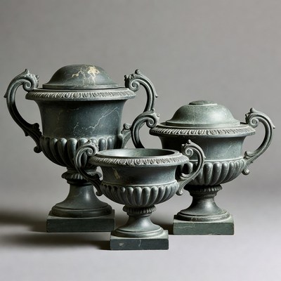 Three antique green urns
