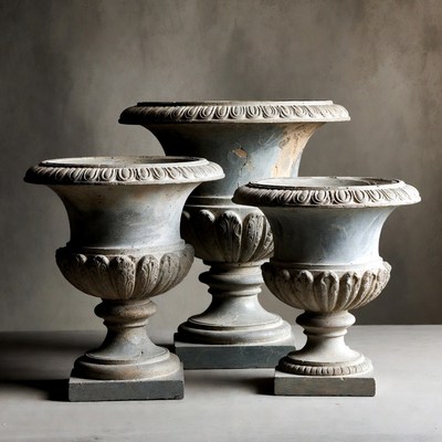 Three Ornate Stone Urns
